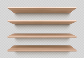 Empty wood wall shelf for book isolated vector. 3d wooden bookshelf for library. Product rack or table realistic design with texture. Exhibition plank with shadow for market display stand angle set. © klyaksun