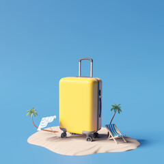 Suitcase with beach accessories. summer vacation concept. 3d rendering