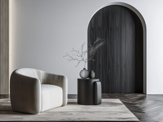 Arched black door in modern design.Architectural minimalist composition in contrasting colors.
