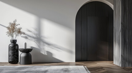 Arched black door in modern design.Architectural minimalist composition in contrasting colors.