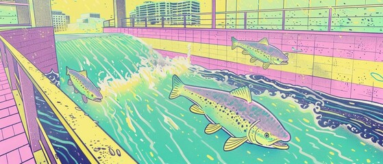 Fototapeta premium The dramatic saga of salmon swimming upstream across a random, urban waterway, resilience flows