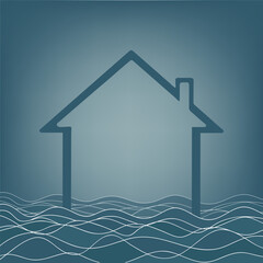 Family house is flooded by flooding and deluge. Natural disaster and catastrophe. Vector illustration of building and wave of