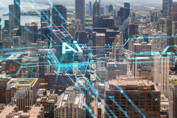 Double exposure of a Chicago cityscape with holographic data overlay and blue lines, representing a technology and security concept. Double exposure