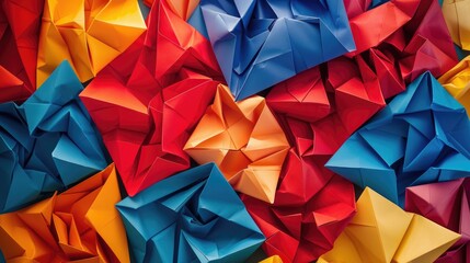 Abstract wallpaper background features colorful origami paper, Ai Generated.