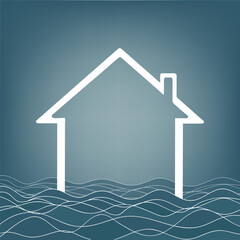 Family house is flooded by flooding and deluge. Natural disaster and catastrophe. Vector illustration of building and wave of