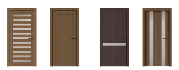 3d wooden realistic front door design isolated. Wood modern entrance in brown collection. House gate frame with metal handle closeup mockup asset set. Closed exit various doorframe mock up