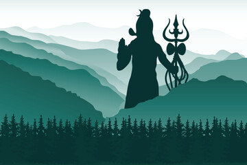 Shiva against the background of mountains. Greeting card for Maha Shivratri, a Hindu festival celebrated of Lord Shiva. Om or Aum Indian sacred sound. Vector