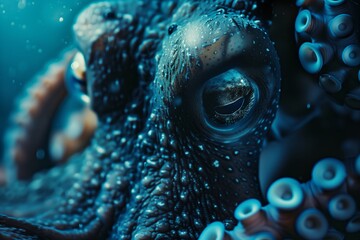 Close-up of a mysterious octopus eye - obrazy, fototapety, plakaty