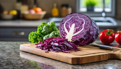 A selection of fresh vegetable: red cabbage, sitting on a chopping board against blurred kitchen background; copy space - obrazy, fototapety, plakaty