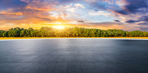 Empty square floor and green trees with sky clouds natural landscape at sunset. Panoramic view.