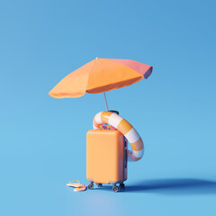 Suitcase with beach accessories sunglasses,  inflatable ring, umbrella and flip flops. on blue background. Summer travel concept. 3d rendering