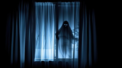 Blurred ghost silhouette in bedroom window at night, setting a spooky Halloween scene, Ai Generated