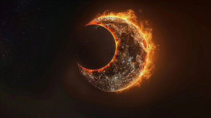 A crescent moon captured in a moment of eclipse, its silhouette edged with a fiery halo of light....
