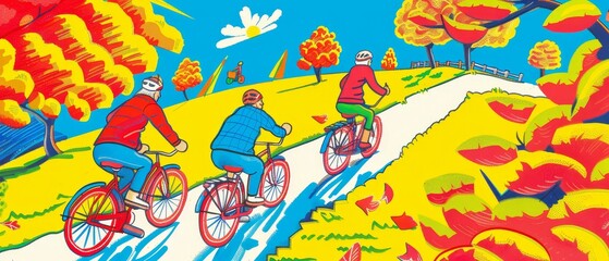 A group of elderly cyclists on a random, scenic route, wind in their hair, freedom in their hearts