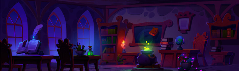 Night old magic school room. Cartoon wizard game background with classroom interior for halloween fairy tale. Medieval alchemist study desk in castle with wooden bookcase and magician book scene - obrazy, fototapety, plakaty