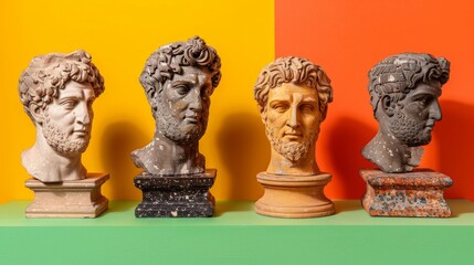 Fototapeta na wymiar Classical ancient marble gypsum stoic, roman, greek bust, busts head sculpture against a colored background representing historical figures 