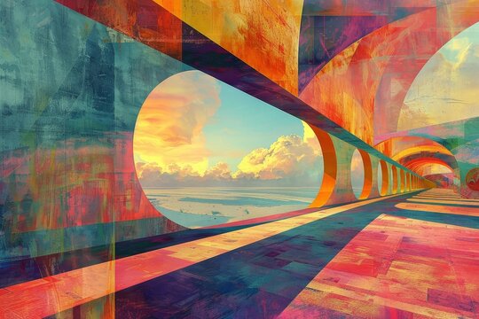 A painting of a colorful, geometric structure with a view of the ocean.