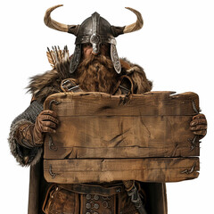 A Viking Warrior Holding a Blank Wooden Sign