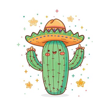 Cute cactus with sombrero hat, vector flat icon illustration on white background, Cinco de Mayo clipart. Cinco de Mayo celebration idea.