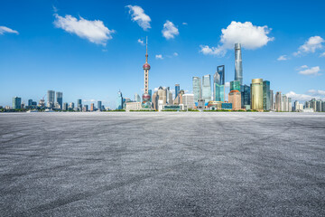 Asphalt road square and city skyline with modern buildings scenery in Shanghai. Famous city...