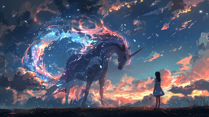 silhouette of girl is looking at giant glitter unicorn, concept of illustration for book - obrazy, fototapety, plakaty