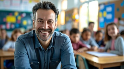 Obraz premium Portrait of smiling male teacher in a class at elementary school looking at camera with learning students on background
