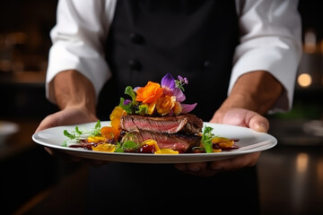 A Chief , cook, Modern food stylist decorating meal for presentation in restaurant. Closeup of food stylish. Restaurant serving, Beef steak and salad .