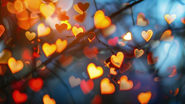 A captivating image showcasing a backdrop of beautiful red and yellow hearts illuminated by soft bokeh lights. 