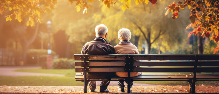 Back view Elderly couple resting on  bench in the park, a bokeh park panorama background