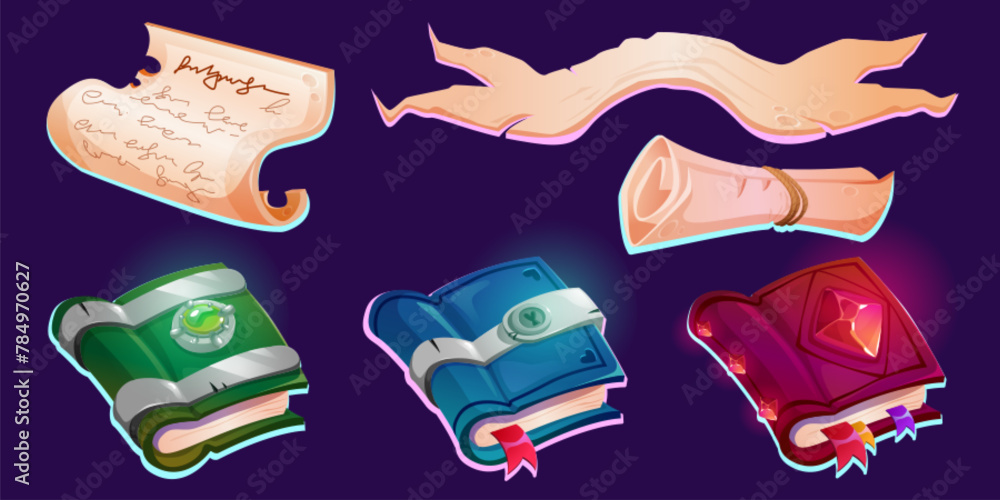 Aufkleber old magic book with fantasy hardcover and parchment scroll for game ui design. cartoon vector illust