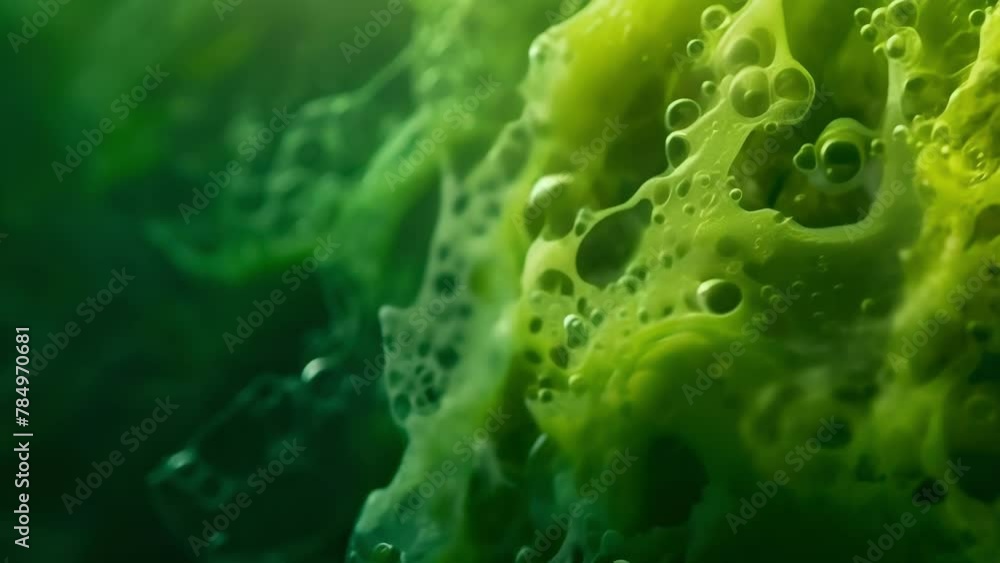 Poster dramatic closeup of an algal bloom in progress with emerald microorganisms multiplying and spreading