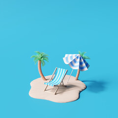 Beach umbrella with chairs on beach sand. summer vacation concept. 3d rendering