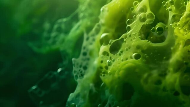 Dramatic closeup of an algal bloom in progress with emerald microorganisms multiplying and spreading rapidly engulfing the surrounding . AI generation.
