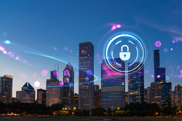 Chicago skyline with a hologram of a security lock concept overlay on a twilight background. Double...