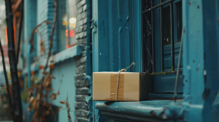 A parcel tied with twine rests on a blue doorstep, symbolizing online shopping and delivery.