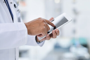 Tablet, hospital and hands of doctor, online for research, wellness app and telehealth. Healthcare, clinic and person with digital tech for medical service, communication and website for medicine