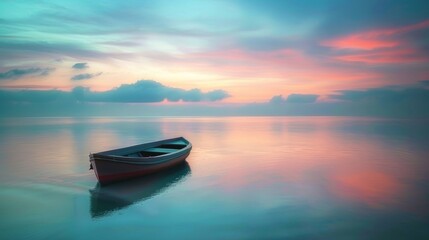 A solitary boat floats on a tranquil sea under a pastel sunrise sky, evoking peaceful solitude.