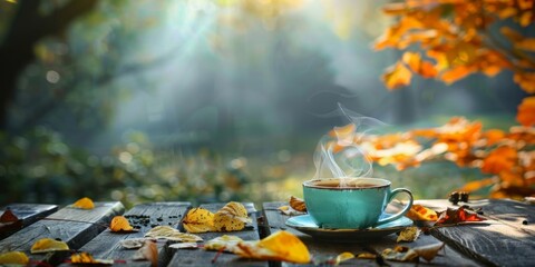 A steaming cup of coffee on a rustic outdoor table surrounded by colorful autumn leaves in a serene setting. - obrazy, fototapety, plakaty