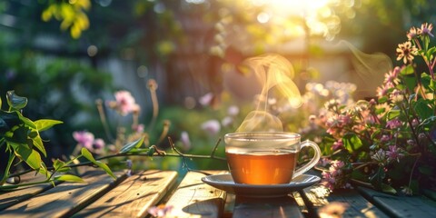 A steaming cup of tea on a wooden table amidst blooming flowers in the soft morning light.