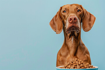 Hungry brown dog with floppy ears eyeing a bowl of food against a blue background with copy space. Advertising concept