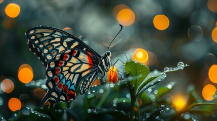 A strikingly colored butterfly rests on moist greenery with a soft bokeh light background.