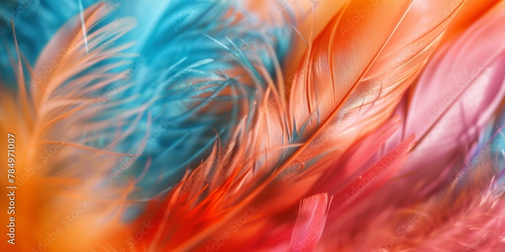 Poster close-up of colorful feathers displaying a soft texture with orange and blue hues.