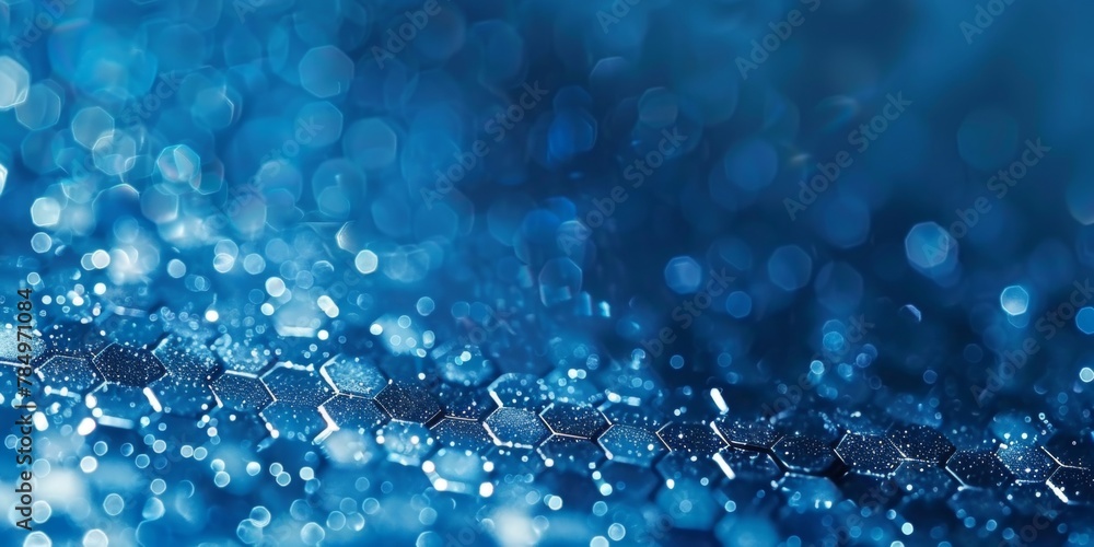 Poster blue bokeh lights forming hexagonal shapes, creating a futuristic abstract background.