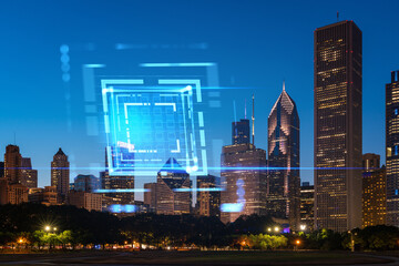 Chicago skyline at dusk with a digital hologram overlay, depicting futuristic technology concept on urban background. Double exposure