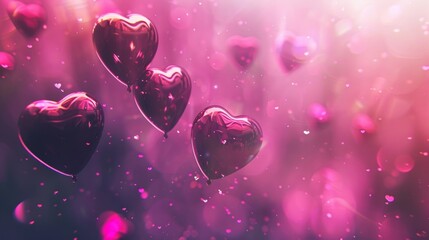Abstract digital art of glossy heart-shaped balloons with a sparkling pink backdrop, symbolizing love and celebration.