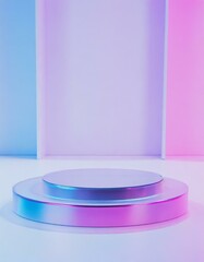 An empty glass podium in neon lights of pink and blue hues  a sleek background providing the perfect platform