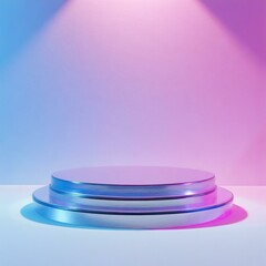 podium on stage with spotlight, An empty glass podium, bathed in neon lights of pink and blue hues against a sleek background, providing the perfect platform
