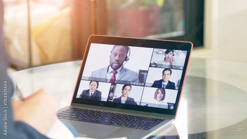 Poster concept of video conferencing with multinational people. global business. remote working. webinar.