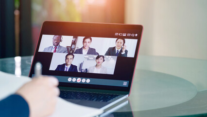 Fototapeta na wymiar Concept of video conferencing with multinational people. Global business. Remote working. Webinar.