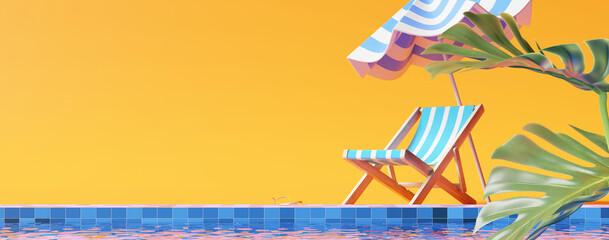 Swimming pool with beach chair and umbrella. Summer vacation concept. 3d rendering